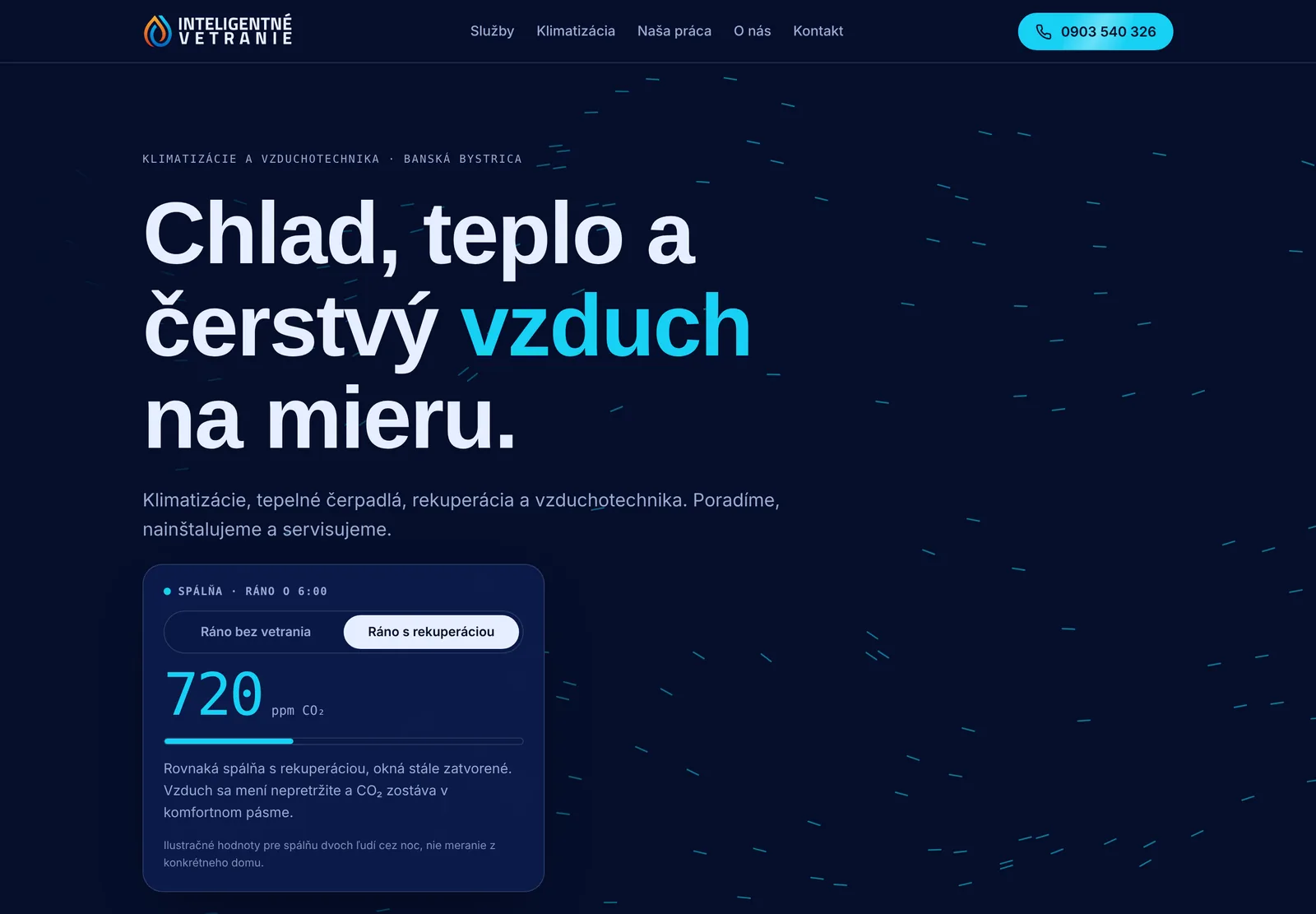 Úvod webu: nadpis Chlad, teplo a čerstvý vzduch na mieru a interaktívna ukážka kvality vzduchu