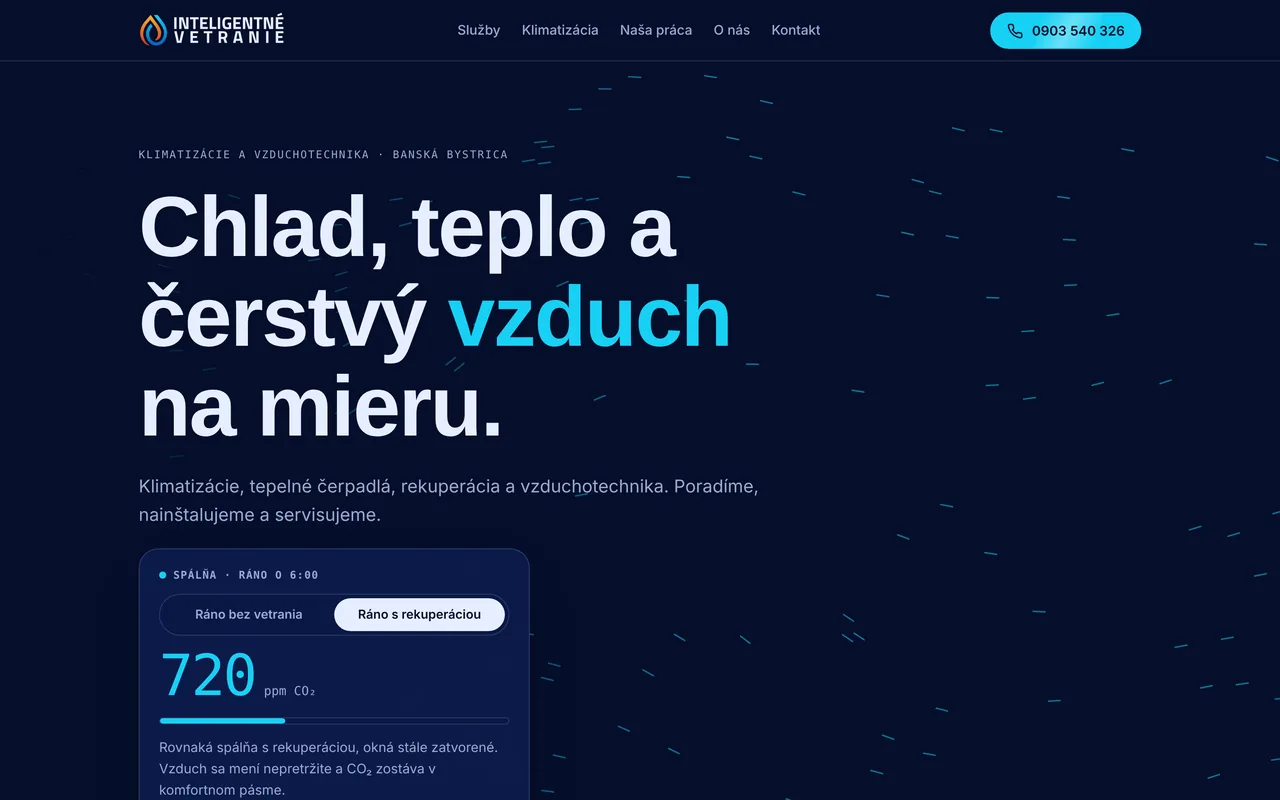 Úvodná stránka webu Inteligentné vetranie v tmavom režime